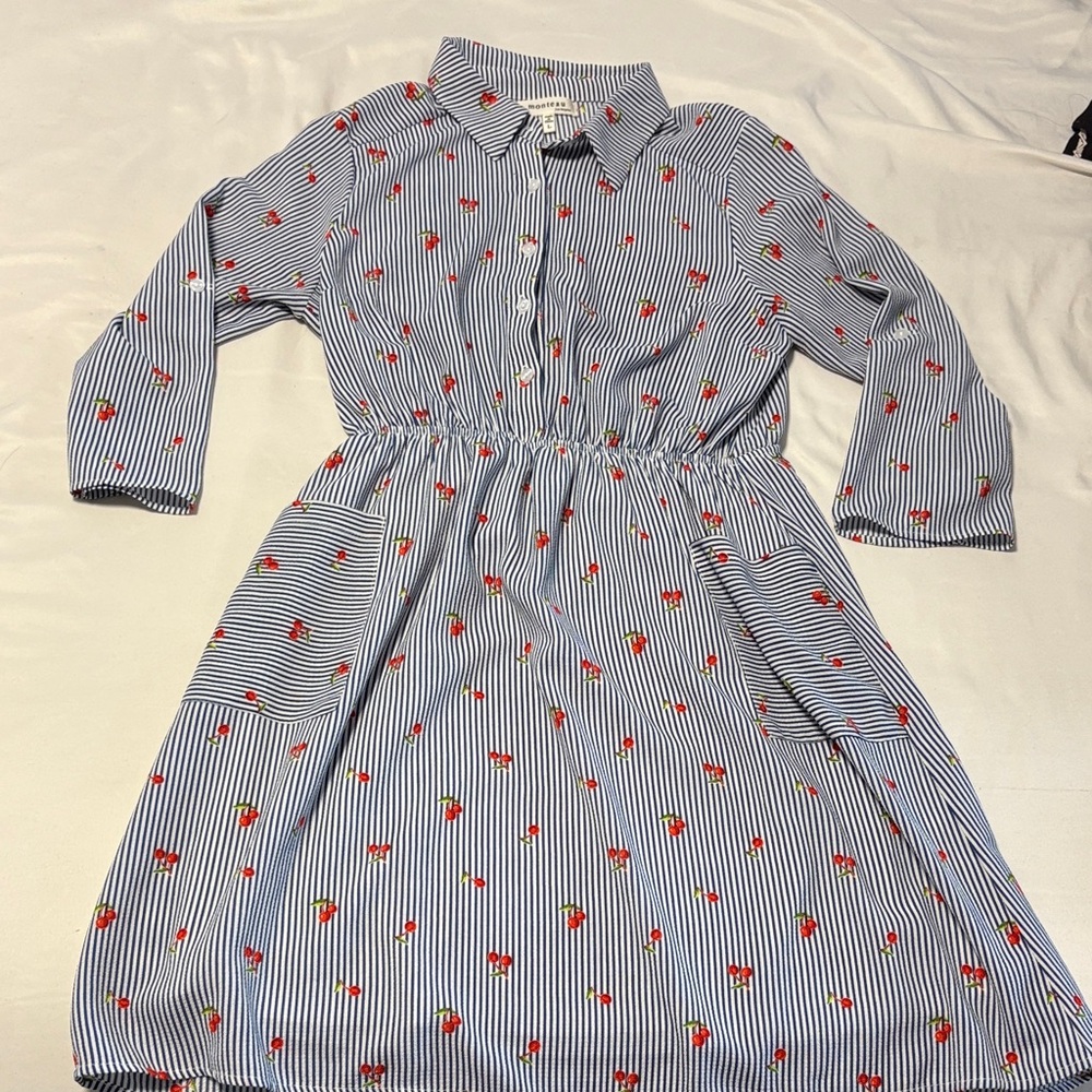 Monteau Striped Blue and White Dress with Cherry Print